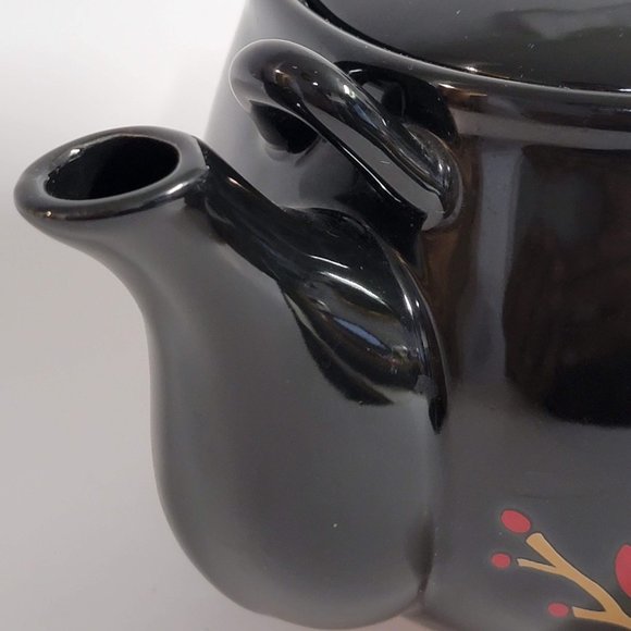 Black Teapot and Cup Set Red Flower Design Asian Missing Handle - Picture 4 of 14